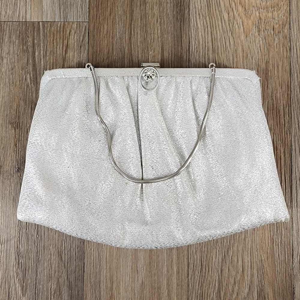 Ande Vintage Silver Metallic Evening Clutch Rhinestone Clasp Snake Chain Bag